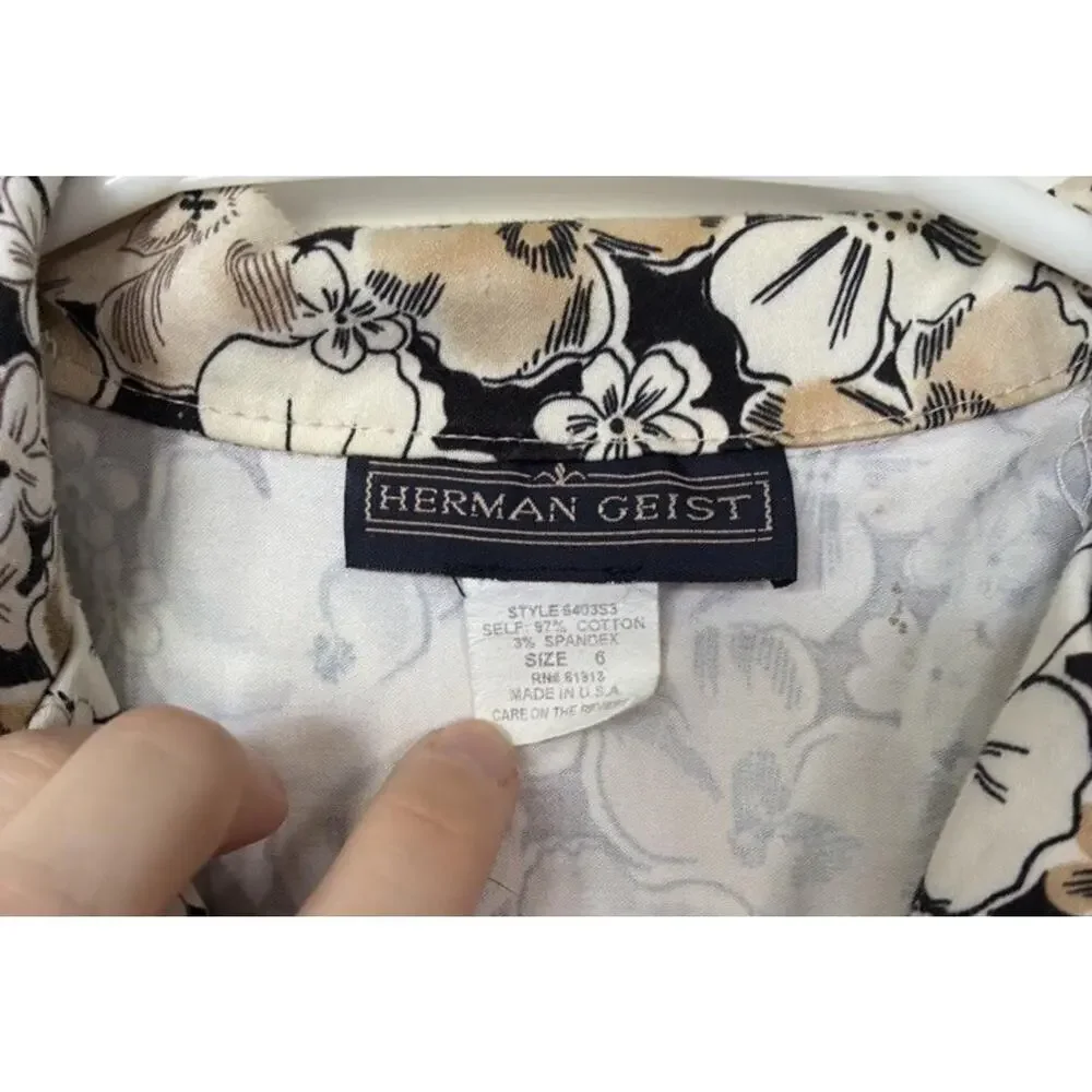 Vintage Herman Geist cotton tan floral tie midi dress size 6 Made in the USA - Picture 3 of 4